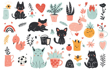 set of cats and plants elements