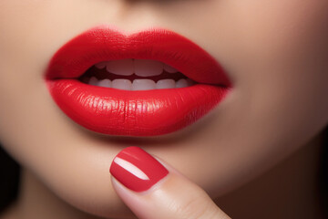 Fototapeta premium Close up view of beautiful woman lips with red lipstick. Cosmetology, drugstore or fashion makeup concept.