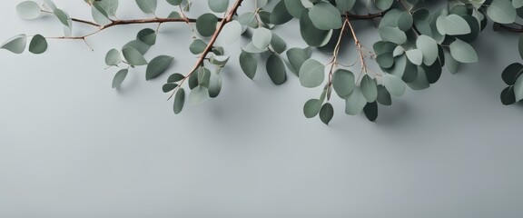 Eucalyptus branches on pastel gray background with copy space Top view