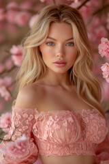 Closeup fashion spring face portrait of young beautiful caucasian woman with pink flowers in blossom