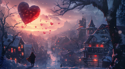 A solitary figure braves the winter chill, navigating through the snowy streets adorned with frosty trees, their heart soaring with the help of a vibrant heart-shaped balloon - obrazy, fototapety, plakaty