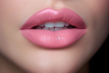 Close up view of beautiful woman lips with pink lipstick. Cosmetology, drugstore or fashion makeup concept. - obrazy, fototapety, plakaty
