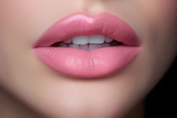 Fotobehang Close up view of beautiful woman lips with pink lipstick. Cosmetology, drugstore or fashion makeup concept. © pilipphoto