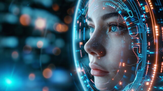 The girl's face with elements of an interactive glowing interface. AI and Human interface with beautiful futuristic bliss 