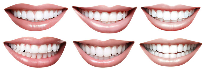 Set of smiling female mouths with shiny healthy white teeth, cut out