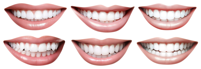Set of smiling female mouths with shiny healthy white teeth, cut out