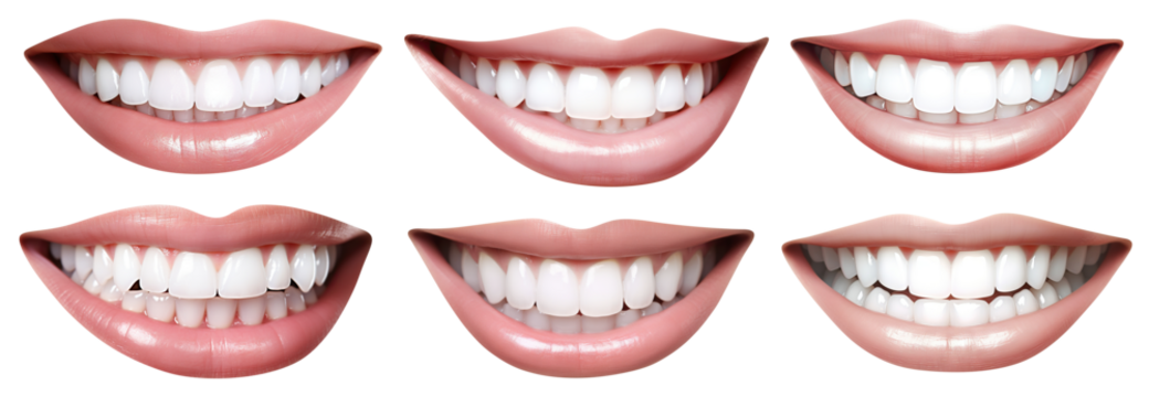 Set of smiling female mouths with shiny healthy white teeth, cut out