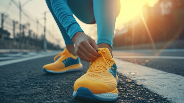 Athlete Tying Shoe Laces on Road Getting Ready to Race Generative AI