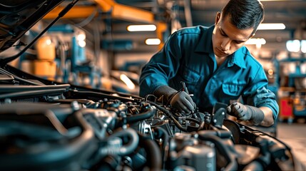 skilled auto mechanic, wearing a blue jumpsuit, intensely focused on repairing a complex car engine, in a well-lit, organized car repair shop - obrazy, fototapety, plakaty