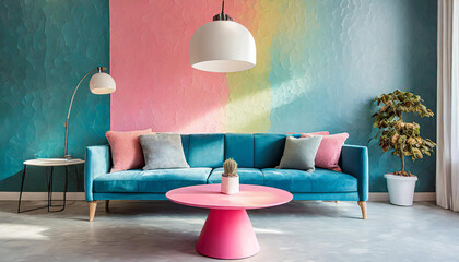 Blue sofa and round pink coffee table against multicolored stucco wall with copy space. Colorful,...