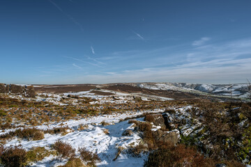 A rural Peak District National Park winter landscape scene of Ramshaw Rocks.