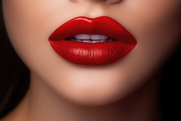 Fototapeta premium Close up view of beautiful woman lips with red lipstick. Cosmetology, drugstore or fashion makeup concept.