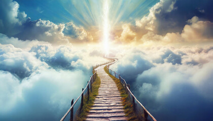 Concept of a path winding through the clouds, ending at a brilliant light in the distance. It symbolizes heaven, afterlife, a near-death experience, or simply the path to a goal and bright future - obrazy, fototapety, plakaty