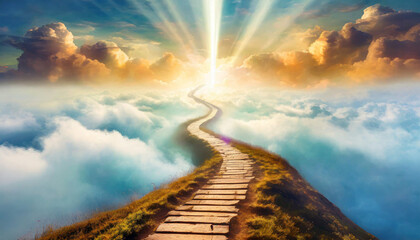 Concept of a path winding through the clouds, ending at a brilliant light in the distance. It symbolizes heaven, afterlife, a near-death experience, or simply the path to a goal and bright future - obrazy, fototapety, plakaty