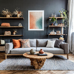 Farmhouse home interior design of modern living room. Rustic accent barn wood coffee table near grey sofa with terra cotta pillows against black wall with shelves and posters.