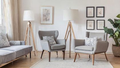 Grey armchair near beige loveseat sofa against white wall with poster frames. Japandi home interior design of modern living room.