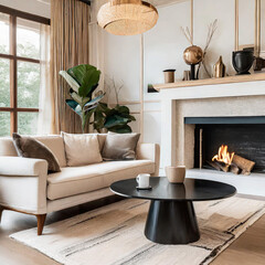 Japandi home interior design of modern living room. Beige sofa and accent black coffee table against fireplace.