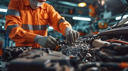 A photograph of a skilled auto mechanic, wearing a blue jumpsuit, intensely focused on repairing a complex car engine, in a well-lit, organized car repair shop. The engine is detailed with shiny metal