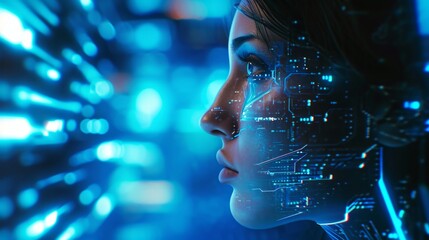 The girl's face with elements of an interactive glowing interface. AI and Human interface with beautiful futuristic bliss 