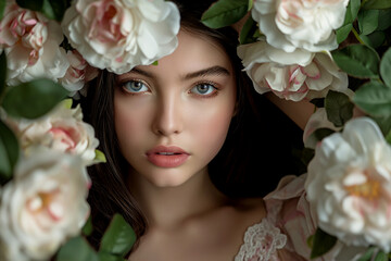 portrait of beautiful brunette woman with spring flower