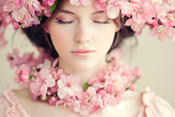 beautiful woman with pink flowers portrait, young glamour and luxury female with perfect skin.