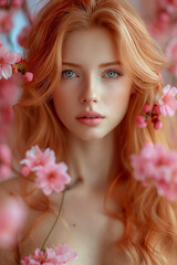 fashion portrait of a face of a young redhead woman on branching spring blossoming cherry trees