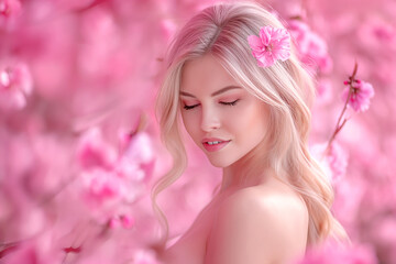 Obraz na płótnie Canvas beautiful woman with pink flowers portrait, young glamour and luxury female with perfect skin