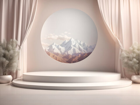 3D rendering. Beautiful pastel white ivory curtain around a mountain landscape podium stage platform. With copy text space. Mock-up template for product presentation.