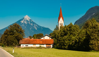 Fototapeta premium Alpine summer view with a church near Schoenwies, Landeck, Tyrol, Austria