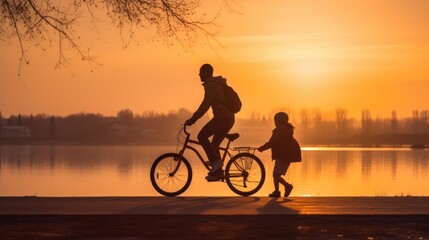 Obraz premium Parent and child biking together on morning before sunrise, lifestyle, leisure, summer, nature, young, family, sky, ride, sunset, silhouette, son, vacation, recreation