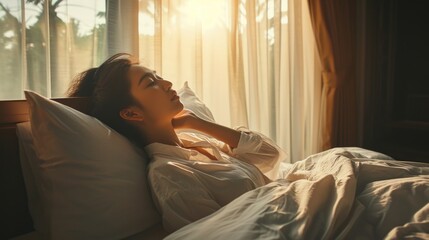 Simple lifestyle, Asian woman wakes up from good sleep on weekend morning, takes some rest, relax in comfortable bedroom at hotel window, happy lazy day, comfortable, dreaming - obrazy, fototapety, plakaty