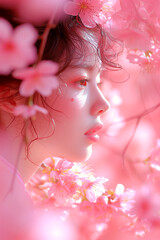 Portrait of a woman in a garden with pink flowering trees close-up