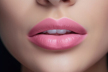 Obraz premium Close up view of beautiful woman lips with pink lipstick. Cosmetology, drugstore or fashion makeup concept.
