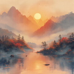 An illustration of a Zen-inspired landscape with soft pastel sunrise colors 