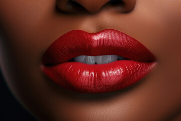 Close up view of beautiful black woman lips with red lipstick. Cosmetology, drugstore or fashion makeup concept. - obrazy, fototapety, plakaty