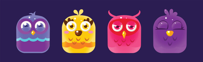 Funny Birds App Rounded Icon for Game Design Vector Set