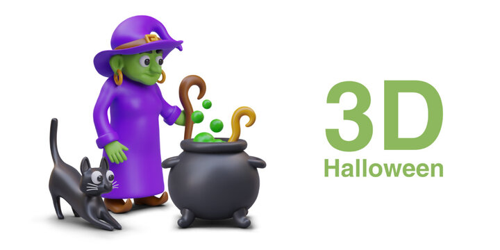 Halloween poster. Composition with old witch with green face and purple costume and black cat standing near boiling purple potion. Vector illustration in 3d style with place for text