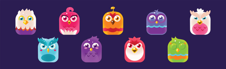 Funny Birds App Rounded Icon for Game Design Vector Set