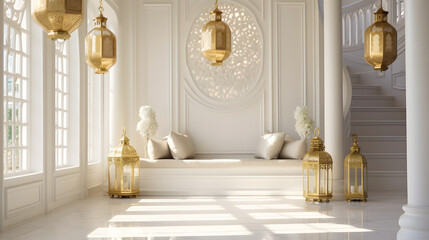 Golden Lanterns Gleaming in a Serene White Foyer