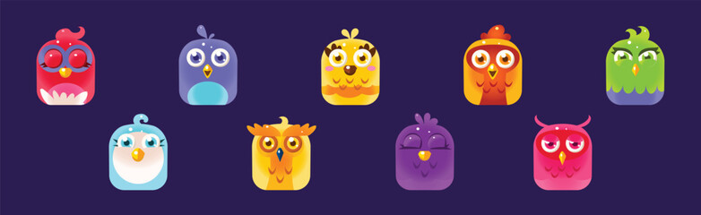 Funny Birds App Rounded Icon for Game Design Vector Set