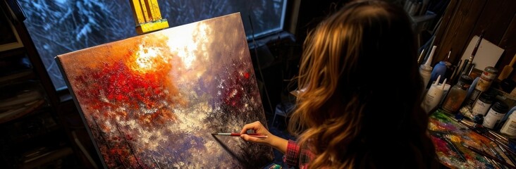 Woman Paints Picture on Canvas Talented Artist Creates Beautiful Oil Generative AI