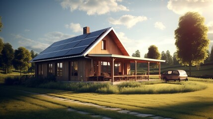 Obraz premium Eco-Friendly Wooden House with Solar Roof