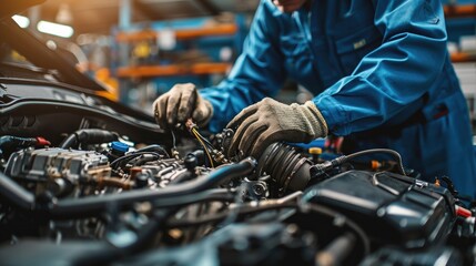 skilled auto mechanic, wearing a blue jumpsuit, intensely focused on repairing a complex car engine, in a well-lit, organized car repair shop