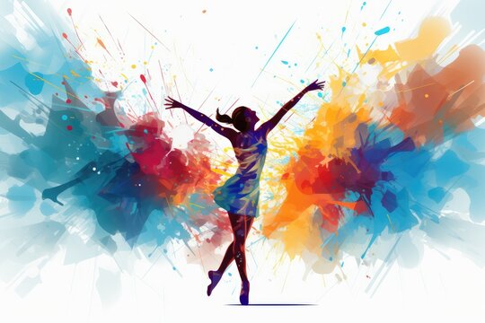 Watercolor abstract illustration of Gymnastics. Beautiful girl dancing in colorful Paint Splash style. Woman athlete watercolour painted image. Sport Background with brush strokes and paint splatters