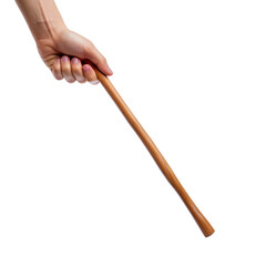 Male hand holding wooden drumstick isolated on transparent background