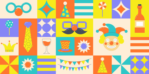 Cute carnival colorful geometric pattern. Purim holiday and festival elements in flat style. Vector illustration