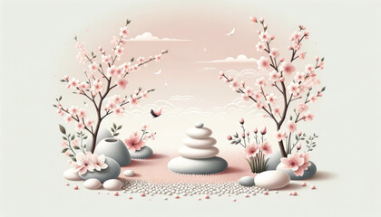 A serene Zen garden in pale pinks and whites, featuring cherry blossoms and pebbles.