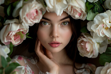 portrait of beautiful brunette woman with spring flower