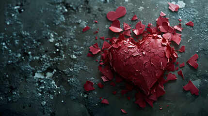 A shattered love lies exposed on a crimson canvas, as the broken heart leaves behind a trail of red on the dark ground