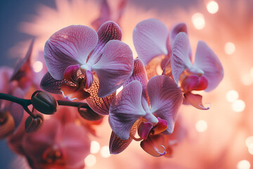 Purple orchid flowers on pink background with lights